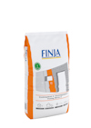Vit och orange säck med texten "FINJA" och bilder av murverk samt symboler för bygg användning.
