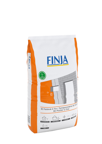 En vit och orange förpackning med texten "FINJA" och en illustration av en mur. Innehåller instruktioner och symboler längst ner.