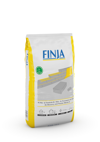 Förpackning med texten "FINJA" och illustration av murstensläggning, omgiven av gula och vita färger.