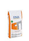 Vit och orange säck med texten "FINJA" och illustration av en byggnadsmur.
