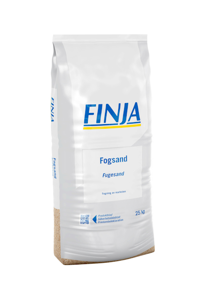Vit förpackning med texten "FINJA Fogsand" samt "Professionell användaranvisning" och "25 kg".