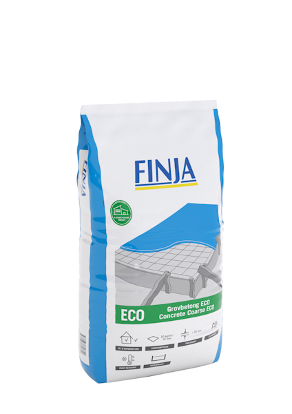 Vit och blå påse märkt "FINJA" innehållande grovbetong ECO med bild av betongplatta.