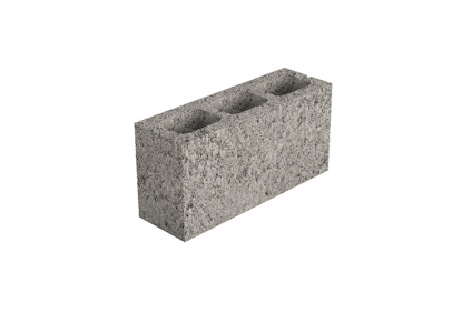 Rektangulär betonghålsten med tre vertikala hål, grå och grov yta.