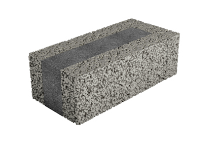 Rektangulärt byggblock av grått poröst material, med en mörkare kärna i mitten.