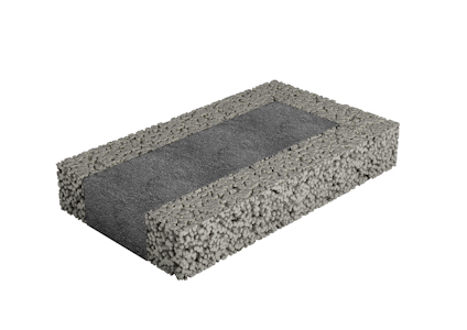 Rektangulärt grått isoleringsblock med kornig yta och slät centrumsdel.