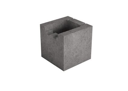 Betongblock med hålighet, fyrkantigt med släta ytor och grå färg.