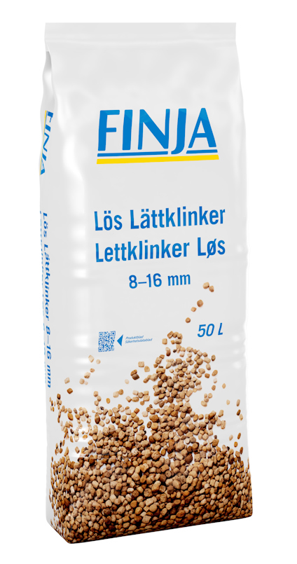 Vit påse med texten "FINJA Lös Lättklinker Lettklinker Løs 8-16 mm 50 L" och en bild av små bruna kulor längst ner.