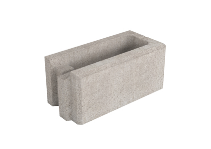 Rektangulärt betongblock med två öppna ändar, kantig form och grå yta.