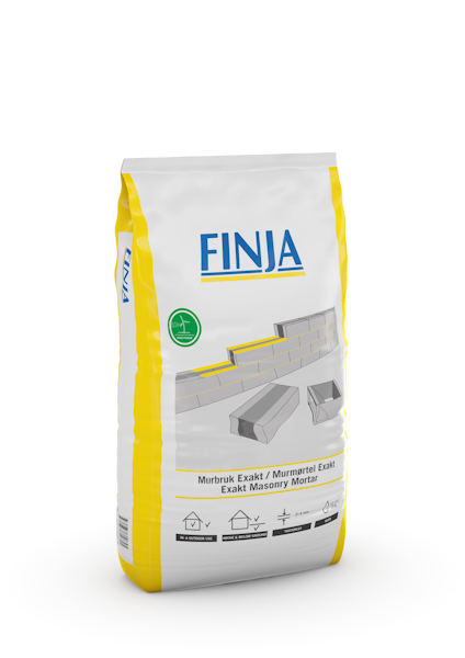 Vit påse med gul text och illustration av murblock. Text: "FINJA" och "Murbruk Exakt / Murmortel Exakt / Exakt Masonry Mortar".