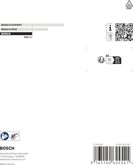 Förpackning med Bosch-logotyp, QR-kod och streckkod 3165140624541. Innehåller återvinningssymbol och tillverkningsinformation.