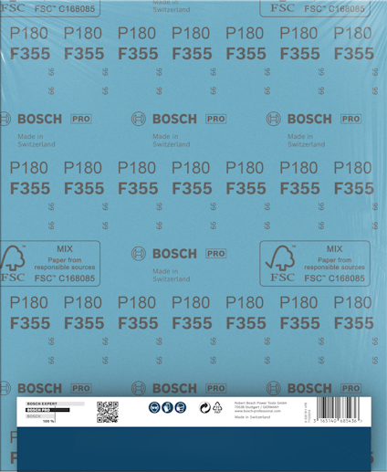 Blått sandpapper Bosch Pro P180 F355 med FSC-logo och text "Made in Switzerland".