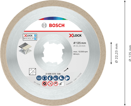 Rund diamantkapskiva från Bosch, X-LOCK, Ø 125 mm, med specifikationer: max 12,250 rpm, ∅ 22,23 mm.