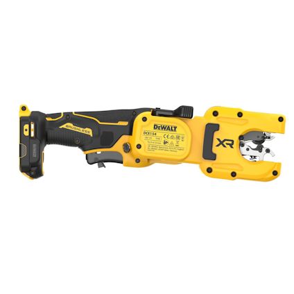 Dewalt batteridriven kabelskärare i gult och svart, modell DCE150 XR, med etikettinformation.