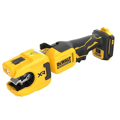 Sladdlös gul och svart DeWalt pressverktyg med XR-märkning och batteripaket.