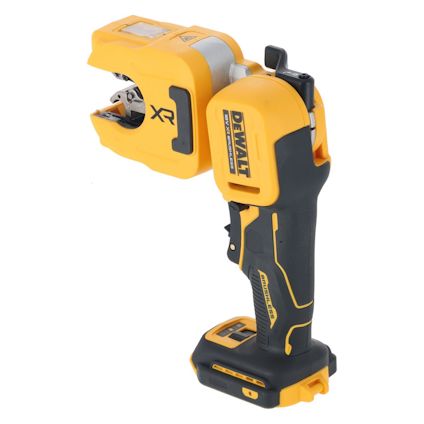 Sladdlös gul bandad armeringsjärnsbuntare, med svart handtag och märkningen "DEWALT XR".