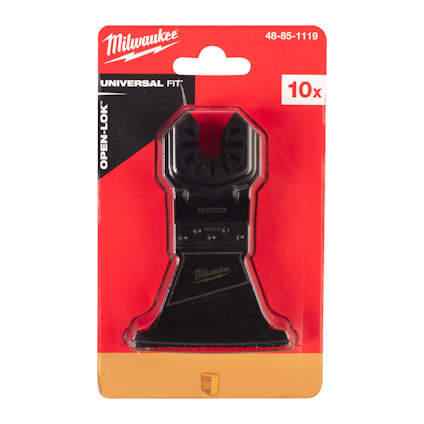 Förpackning med ett sågbandsblad för trä, märkt "Milwaukee" och "Universal Fit", innehållande 10 blad.