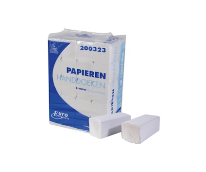 Förpackning med vita pappershanddukar i Z-vikning, märkta med texten "Papieren handdoeken Z-vouw".