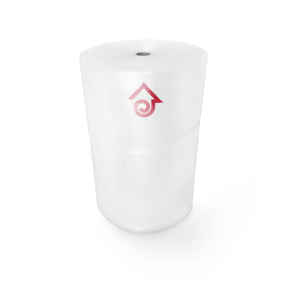 Rulle med bubbelplast, vit med en röd spiralformad logotyp.