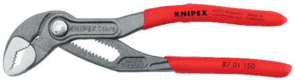 Rörtång med röda handtag och justerbara käftar, märkt "KNIPEX" och "Made in Germany".