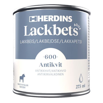 Burk med Herdins Lackbets Aqua i färgen Antikvit, 275 ml. Text på burken: "600 Antikvit, Made in Falun Sweden".