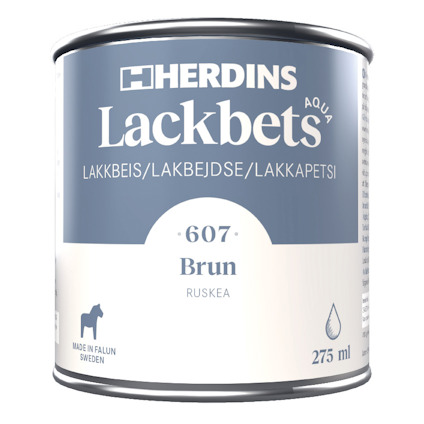Burk med Herdins Lackbets Aqua, färg 607 Brun, 275 ml, "Made in Falun Sweden".
