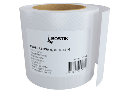 Vit fibreremsa med texten "Bostik" och "Fiberremsa 0,10 x 25 M" tryckt på en etikett.