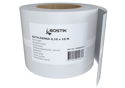 Rulle av butyltejp med Bostik-etikett, texter på flera språk samt streckkod.