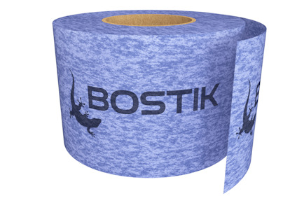 Blå rulle med texten "BOSTIK" och en ödla i svart tryck.