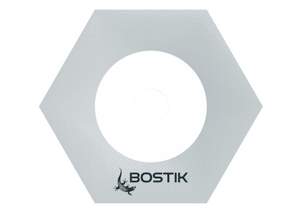 Sexkantigt vitt membran med texten "BOSTIK" och en liten gecko vid sidan.