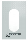 Förpackning med texten "BOSTIK" och en svart ödla, perforerade linjer runt och två ovala öppningar i mitten.