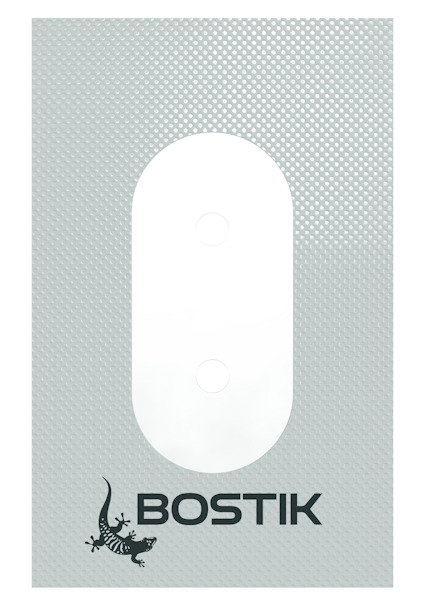 Förpackning med texten "BOSTIK" och en svart ödla, perforerade linjer runt och två ovala öppningar i mitten.