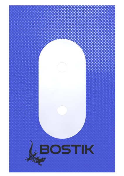 Rektangulär platta i lila med två cirkulära hål i mitten och texten "BOSTIK" nedtill.