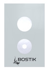 Grått ark med två vita cirklar och logotypen "BOSTIK" med en ödla nedtill.