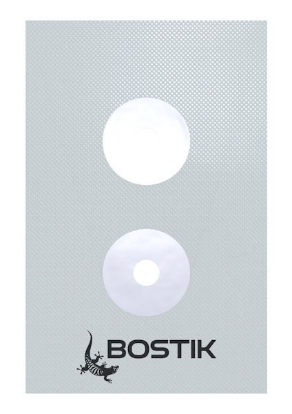 Grått ark med två vita cirklar och logotypen "BOSTIK" med en ödla nedtill.
