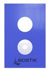 Blå rektangulär yta med två vita cirkulära hål och texten "BOSTIK" med en ödla under.