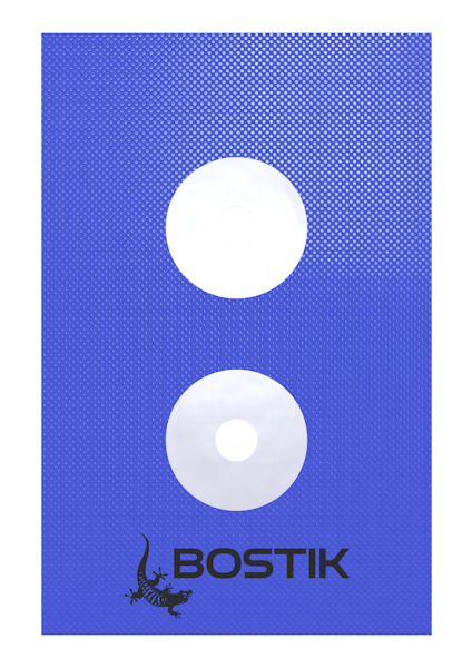 Blå rektangulär yta med två vita cirkulära hål och texten "BOSTIK" med en ödla under.
