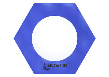 Sexkantig blå rörmanschett med vit cirkel i mitten och "BOSTIK" logotyp i nederkant.