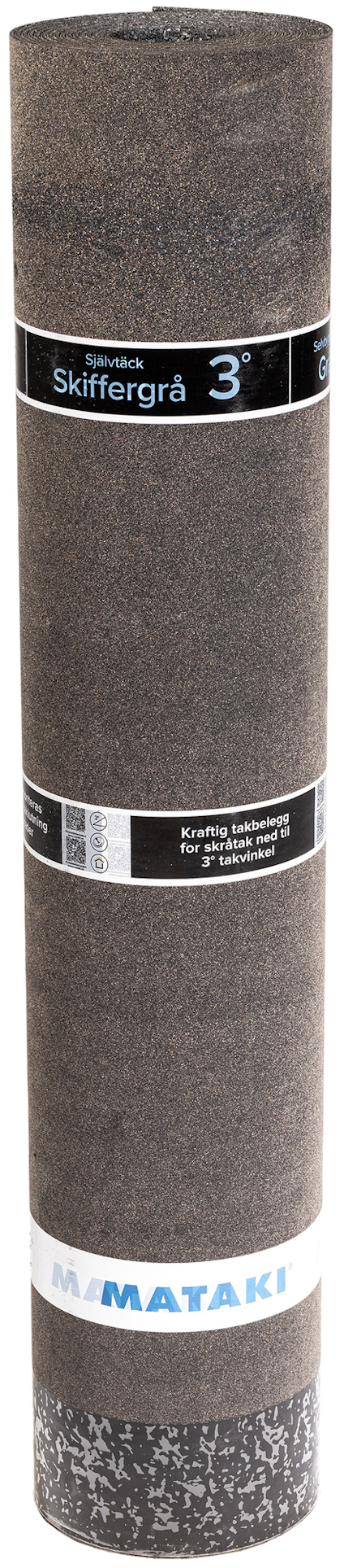 Rulle av skiffergrå takpapp märkt Mataki Självtäck 3.