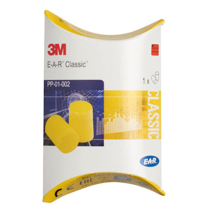 Förpackning av 3M E-A-R Classic öronproppar, gul färg, 1 par.