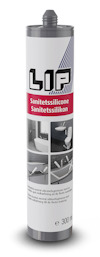 Tub med silikonfogmassa, märkt "LIP Sanitetssilicone" och bilder på olika användningsområden.