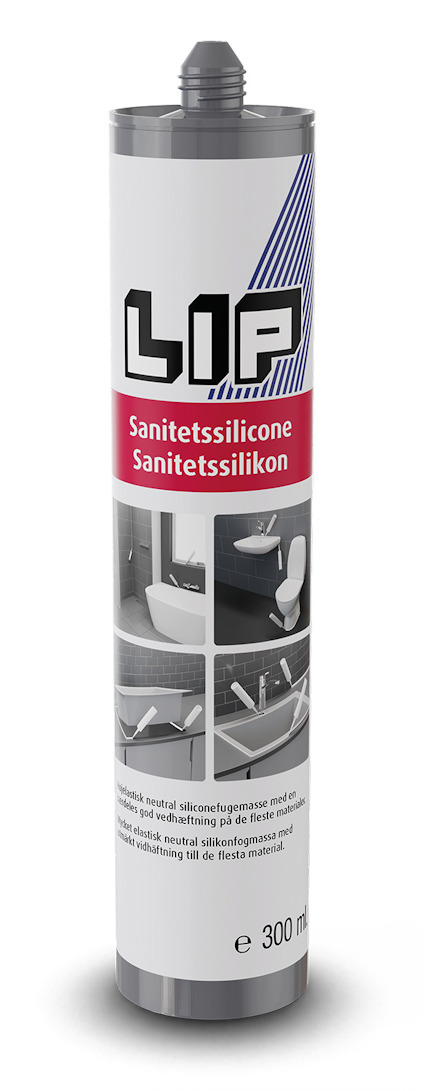 Tub med silikonfogmassa, märkt "LIP Sanitetssilicone" och bilder på olika användningsområden.