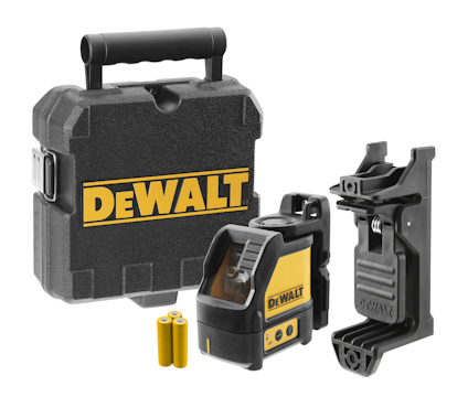 Krysslinjelaser med gul och svart design, monteringsfäste, batterier och en hård svart förvaringsväska med DeWalt-logotyp.
