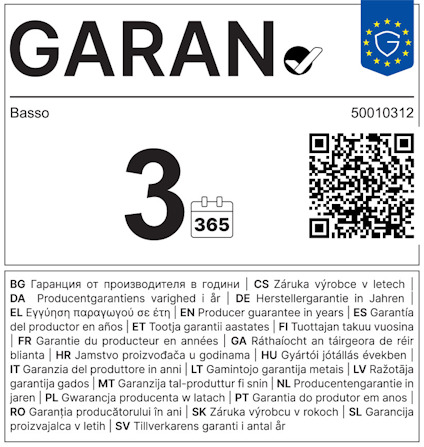 Etikett med texten "GARAN" och ett kalenderår. Text på flera språk, EU-symbol till höger.