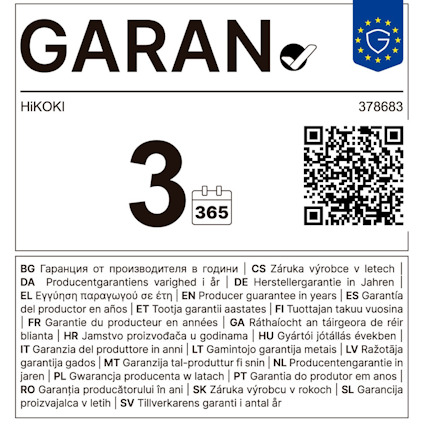 GARAN 3 365, produktionsgaranti i år, EU-godkännande, text på flera språk.