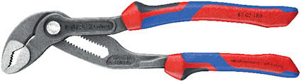 Tång med röd-blått handtag och ställbar käke, märkt "Knipex 87 02 180".
